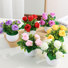 跨境仿真盆栽小玫瑰假花家居室内摆件人造植物仿真花盆景桌摆装饰