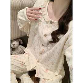 睡衣女秋季德绒长袖甜美风碎花蕾丝少女秋冬款薄绒大码家居服套装