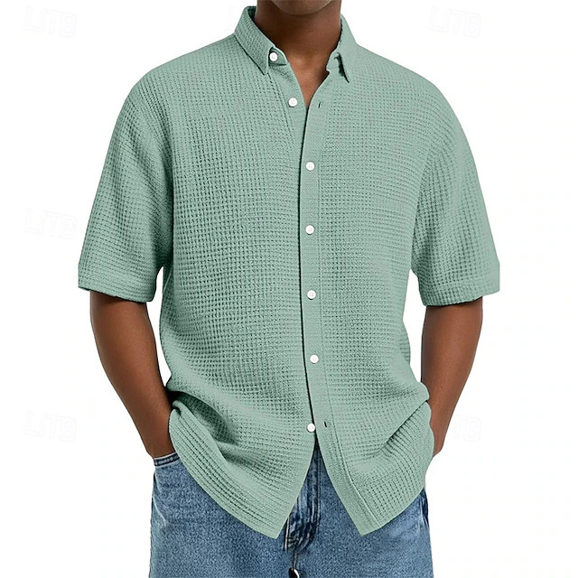 2026 New Cross-Border Men's Short-Sleeve Button-Up Waffle Texture Solid Color Fashion Shirt Top 2026 New Cross-Border Men's Short-Sleeve Button-Up Waffle Texture Solid Color Fashion Shirt Top