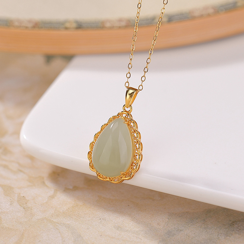 Mặt dây chuyền bạc S925 mạ vàng đính ngọc Hotan hình giọt nước phong cách thanh lịch — Kiểu 2 (không bao gồm chuỗi)
