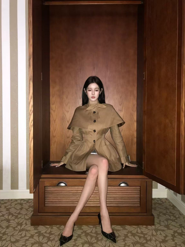 南韩贵女千金英伦风拼接蝴蝶领结假两件收腰斗篷风衣外套女中长款|undefined