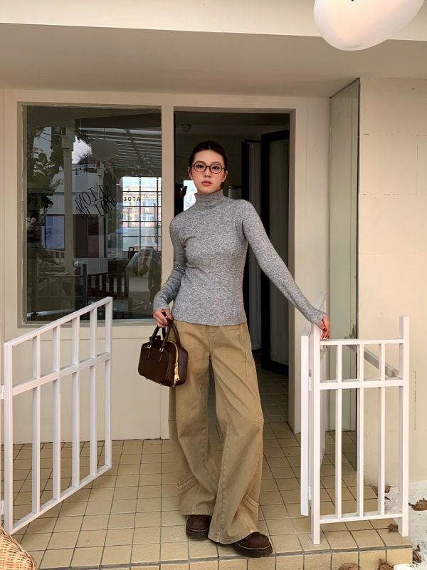橘子树在哪儿复古卡其色拼接牛仔裤女春秋设计感直筒阔腿垂感裤子|undefined