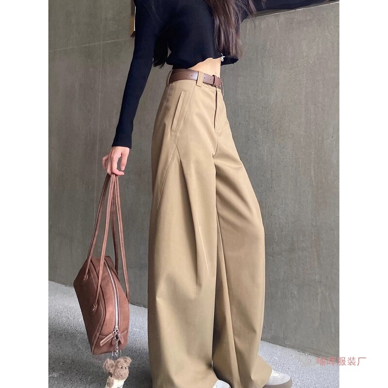 2026 Autumn New Khaki Brown Straight Wide-Leg Pants for Women, Floor-Length Casual Slim Fit Suit Pants, Black for Spring and Winter