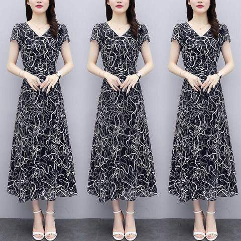 2023 Summer New V-neck Floral Dress Large Size Tight Waist Slimming Elegant Age-reducing Long Dress