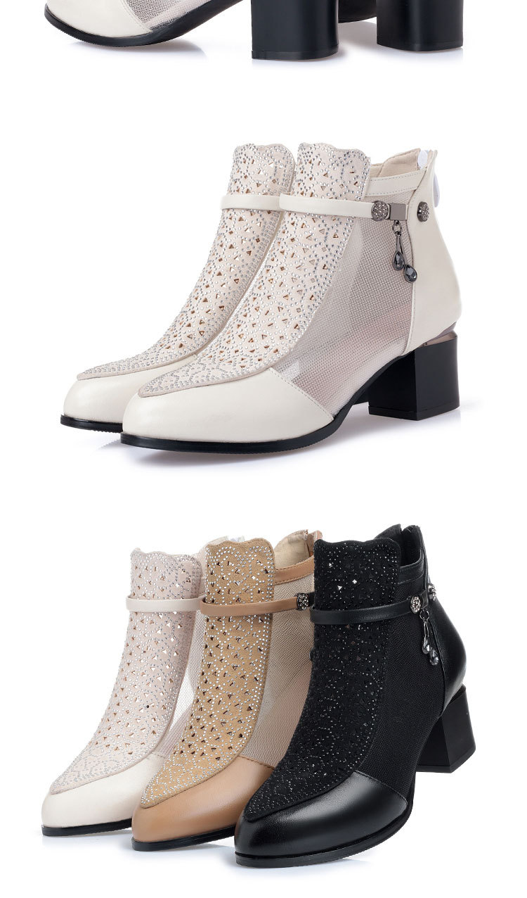 Giày boot nữ cổ thấp da thật lưới thoáng khí gót dày — đen chi tiết 14