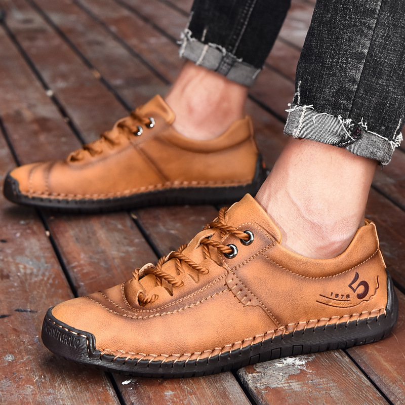 Cross-Border Large Size Men's Shoes Sports Summer Summer Breathable Men's Casual Leather Shoes Large Size Hand-Stitched Sole Casual Shoes