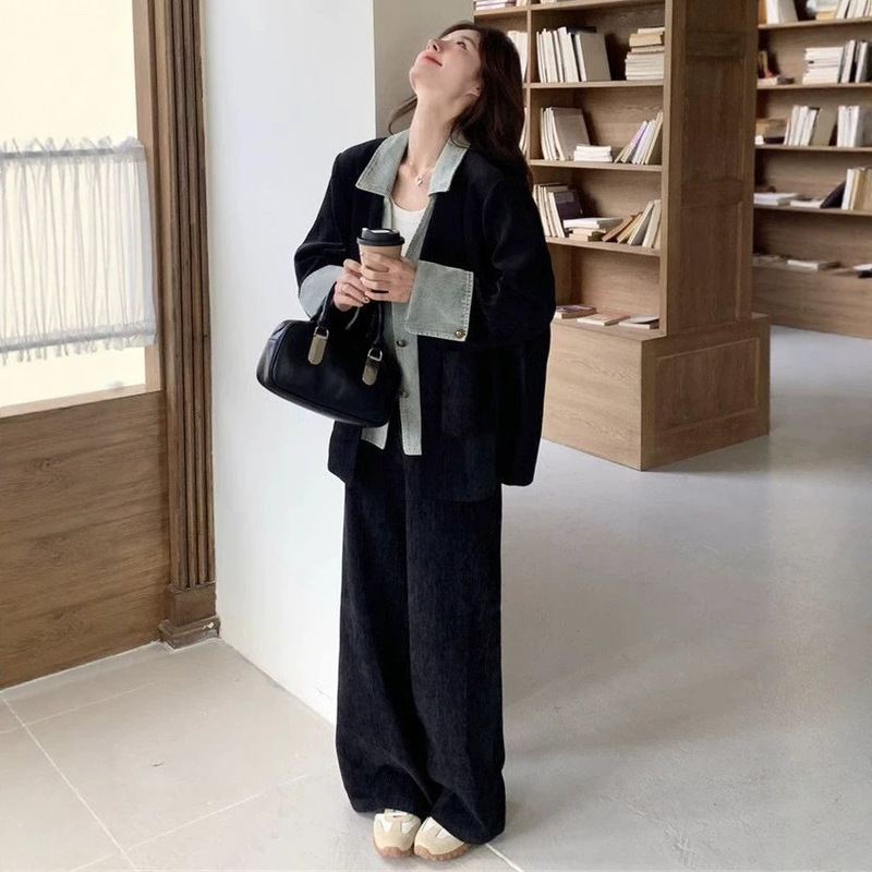 Korean-style high-end denim patchwork blazer and wide-leg pants two-piece set for women, new spring/autumn suit Korean-style high-end denim patchwork blazer and wide-leg pants two-piece set for women, new spring/autumn suit