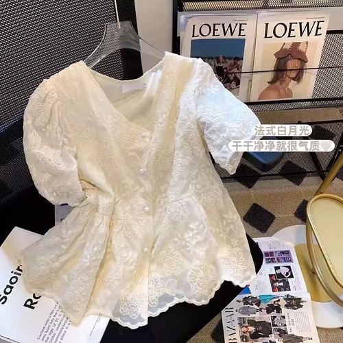 Korean style clothing design thin lace splicing gentle shirt spring and summer chic unique small top for women 