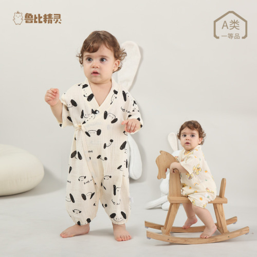 Baby gauze cotton bag fart clothes newborn one-piece clothes short-sleeved thin section cotton type A baby lace-up monk suit