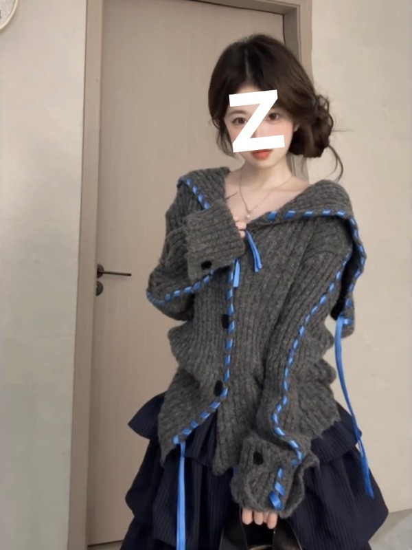 韩系学院风大翻领针织开衫女秋冬季加厚宽松慵懒软糯飘带毛衣外套|undefined