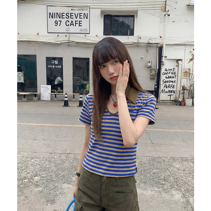 实拍#v领短袖T恤女春季别致设计感辣妹短款条纹上衣女polo衫