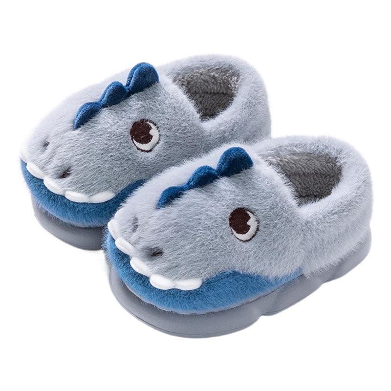 [Otoño e invierno nuevo] Zapatillas de lana para niños de invierno dibujos animados lindo dinosaurio bolsa talón Zapatillas de algodón para niños calientes
