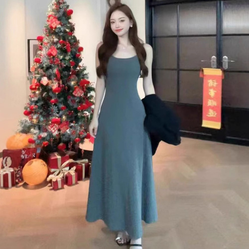 Ins sexy pure desire tea party French strap dress summer slimming vacation beach strap long dress for women trendy