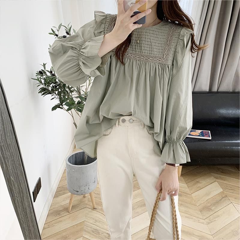 2026 Spring New Korean Style Loose Versatile Doll Shirt Top for Women, Pleated White Long Sleeve Round Neck Shirt