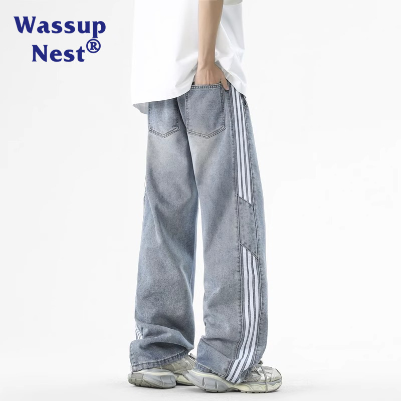 WASSUP American Striped Men's Jeans Summer 2025 New Fashion Brand Loose All-match Straight Wide Leg Pants