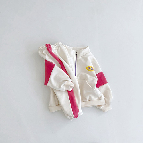 Korean style children's clothing autumn clothing for boys and girls sweatshirt set baby sports sweatpants two-piece set retro color matching school uniform