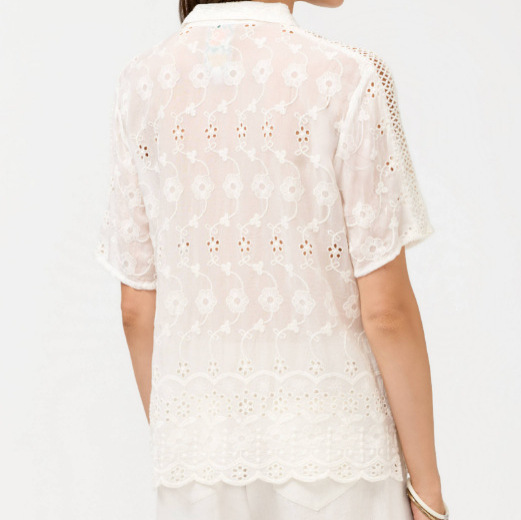 Verano Europa y América comercio exterior ropa de mujer lujosa camisa de encaje agujerada de estilo francés de mujer con solapa suelta de algodón de manga corta image 5