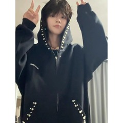 美式重磅珍珠钉珠开衫外套女字母刺绣潮牌休闲连帽卫衣男女同款潮