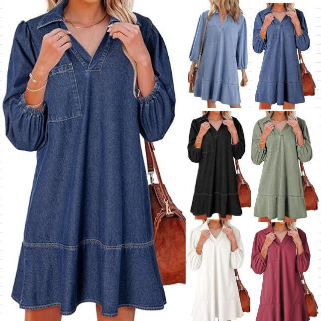 European and American Cross-Border Amazon Foreign Trade Denim Dress New Loose Top Group Casual V Neck Three-Quarter Puff Sleeves