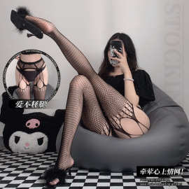 吊带渔网袜女黑丝过膝蕾丝网袜情趣丝袜开裆免脱诱惑一件代发W19