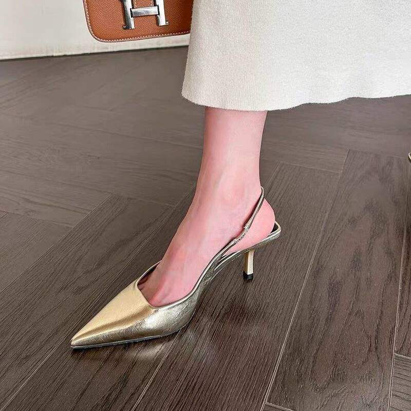 Niche French-Style Elegant Gold-Colored Closed-Toe Sandals, Fairy Shoes, 2025 New Spring/Summer Pointed-Toe High-Heeled Shoes