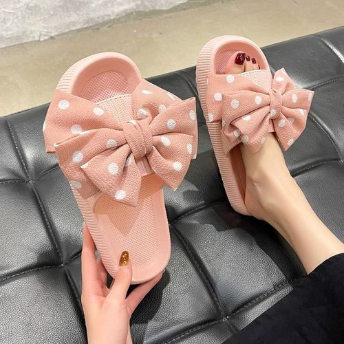 One-piece unisex cute polka dot bow slippers for summer outdoor wear, stylish thick-soled indoor flat sandals with a one-piece design, suitable for beach shoes.