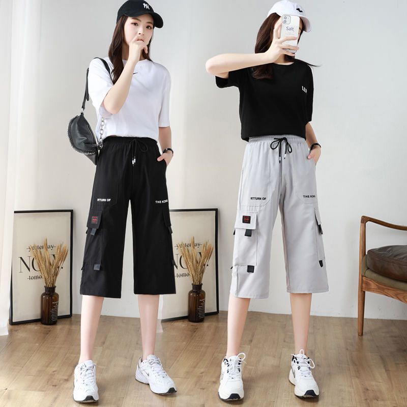 Cropped Pants Women's Summer 2022 New Arrival Thin High Waist Tooling Shorts Loose Slimming Korean Style Over-the-Knee Wide Leg Pants with 7 Points