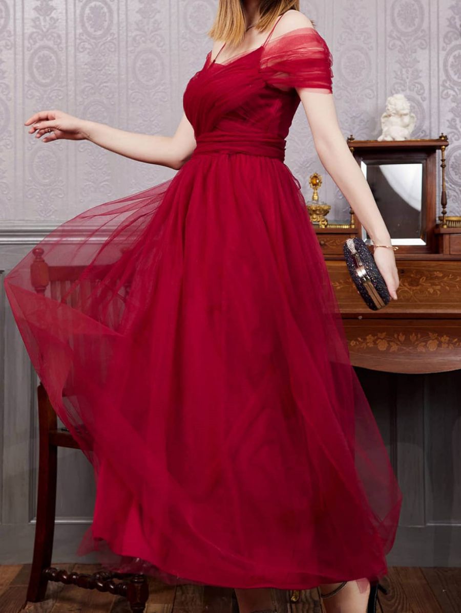 Primavera y verano europeo y americano Comercio exterior nueva malla ropa de mujer vestido sexy fuera del cuello Correa encaje-arriba boda Vestido de dama de honor