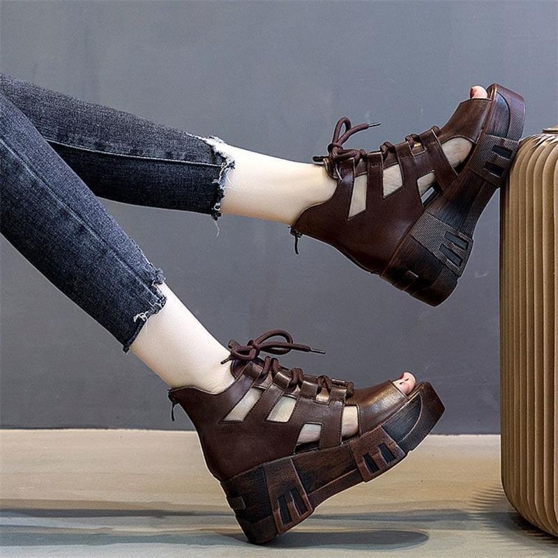 Sandalias de mujer de cuero suave de la plataforma de cuña hueca sandalias de la madre peep toe con cordones de cuero suave estilo étnico sandalias de las mujeres romanas