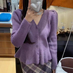 気質セーターコート女性秋冬デザイン感小衆長袖上着ゆるいハスの葉の縁の短いニットカーディガン