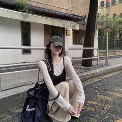 韩系撞色拼接吊带长袖t恤女早秋季设计感小众绑带收腰上衣两件套