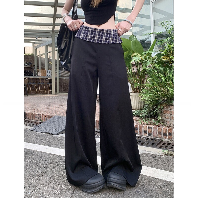 设计感格子拼接西装阔腿裤女2025秋季新款宽松显瘦百搭垂感拖地裤|undefined