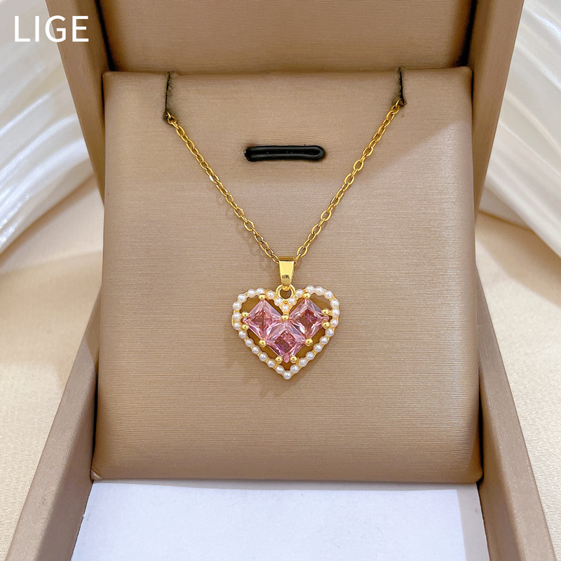 Wunderschöne Perlenherz Halskette Mit Diamanten Edelstahl Kette_voghion.com