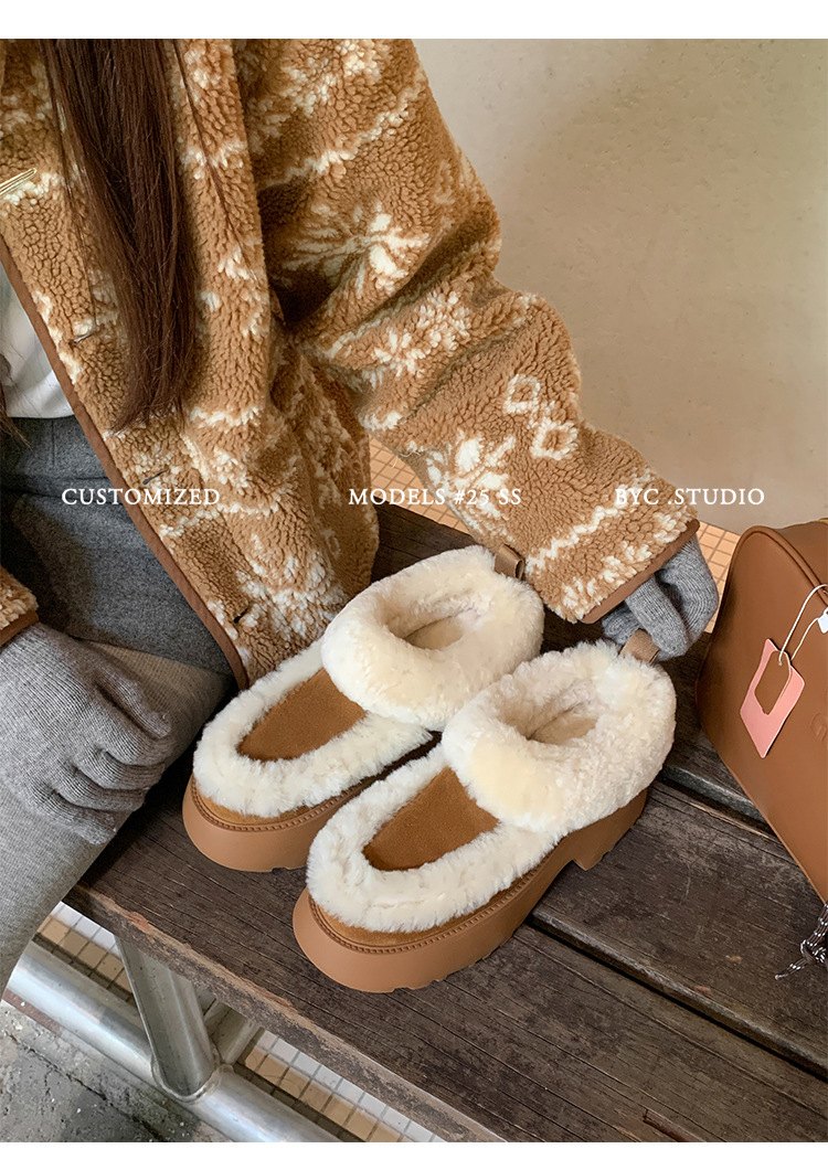 Boot tuyết nữ da cừu một mảnh gót cao lót lông dày giữ ấm — màu nâu chi tiết 11