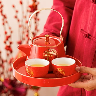 结婚茶具套装婚庆新人陪嫁用品红色喜字功夫茶具套装陶瓷改口敬茶