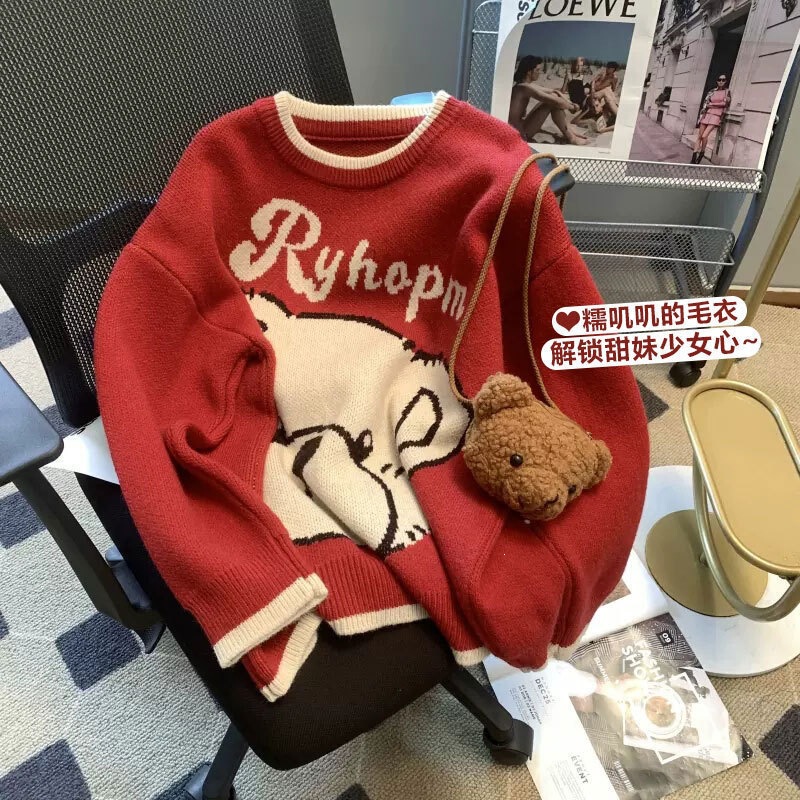 Christmas Style Retro Color-Blocking Bear Sweater for Women, Unique Design, Loose-Fitting Knit Pullover, Cute Style Christmas Style Retro Color-Blocking Bear Sweater for Women, Unique Design, Loose-Fitting Knit Pullover, Cute Style