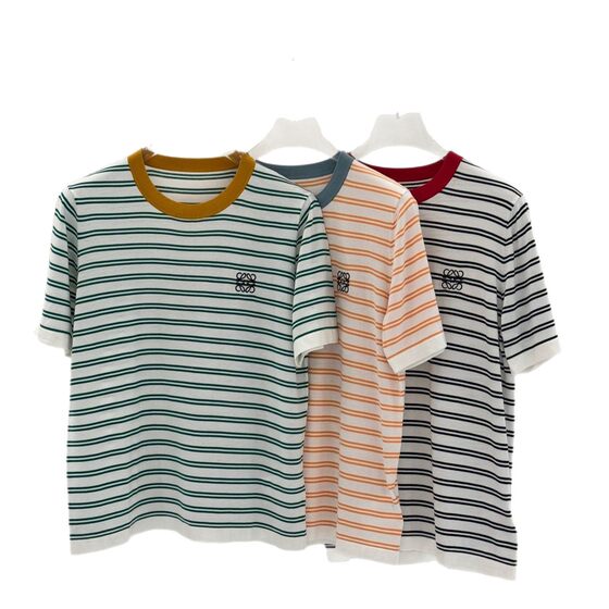 Luo * Wei Striped Short-sleeved T-shirt Women's Loose Summer New Shoulder Embroidered Western Style Women's Top T-shirt Embroidered