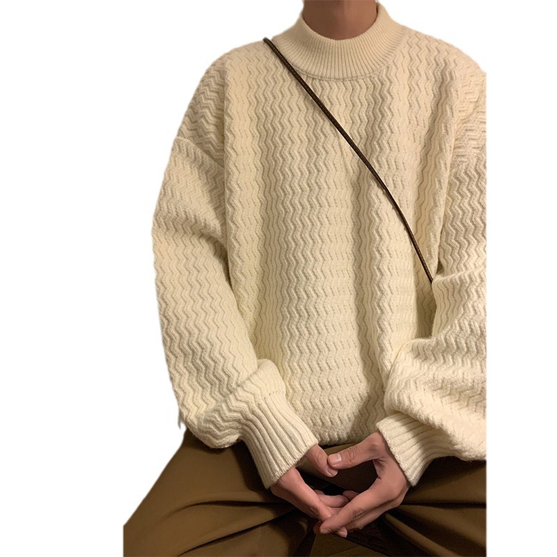 Suéter masculino de gola média, estilo café escuro, desleixado, vintage, grosso, ondulado, malha_voghion.com