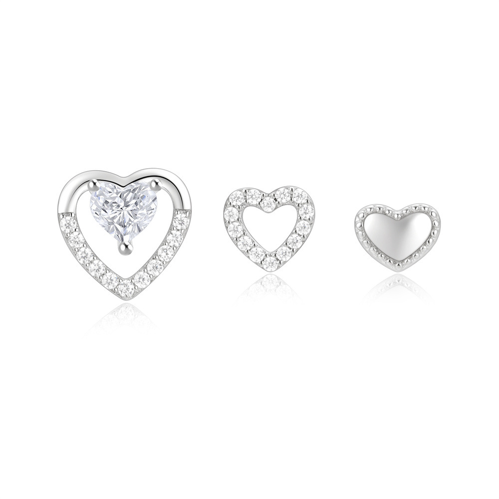 Inlay Design 3 Pieces Set 925 Sterling Silver Zircon Heart Shape Ear Studs