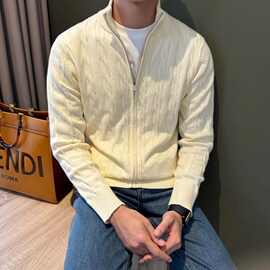 秋冬新款麻花纹理立领新品开衫男修身纯色拉链百搭毛衣外套男款新