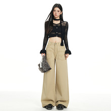 稚橘#复古前贴袋刺绣设计阔腿牛仔裤女宽松显瘦遮胯百搭直筒长裤