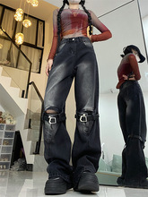 美式高街水洗做旧牛仔裤女秋季破洞设计感小众宽松直筒阔腿牛仔裤