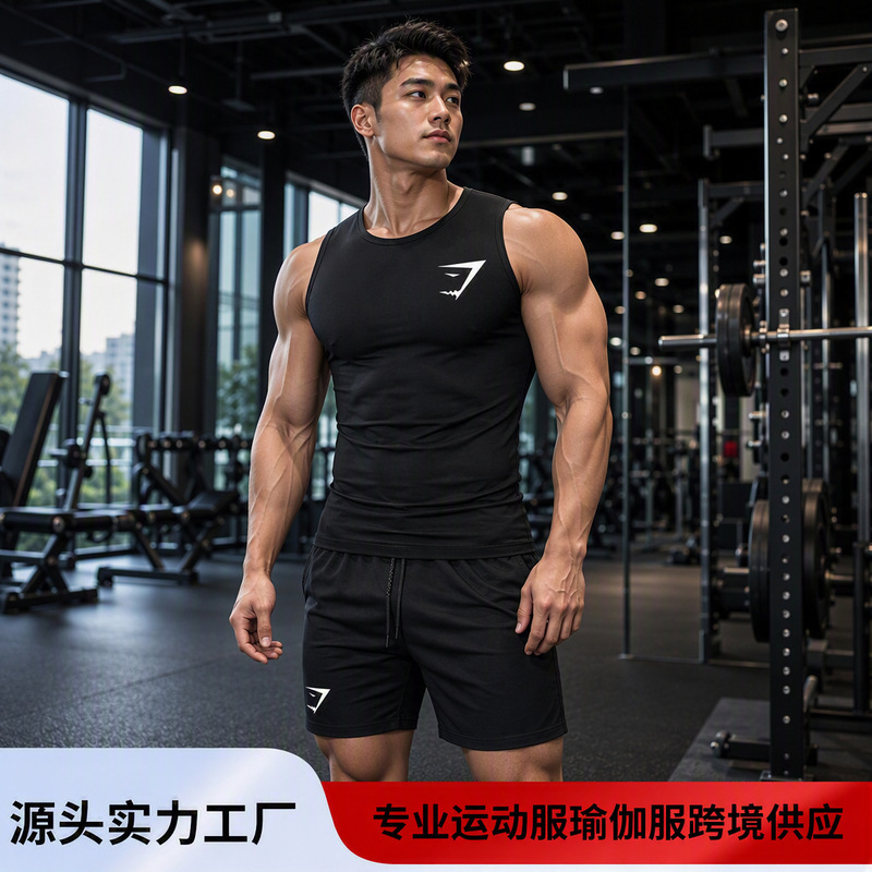GYMSHARK new men's double-layer shorts and tank top set, quick-dry top, moisture-wicking and sweat-wicking gym two-piece set