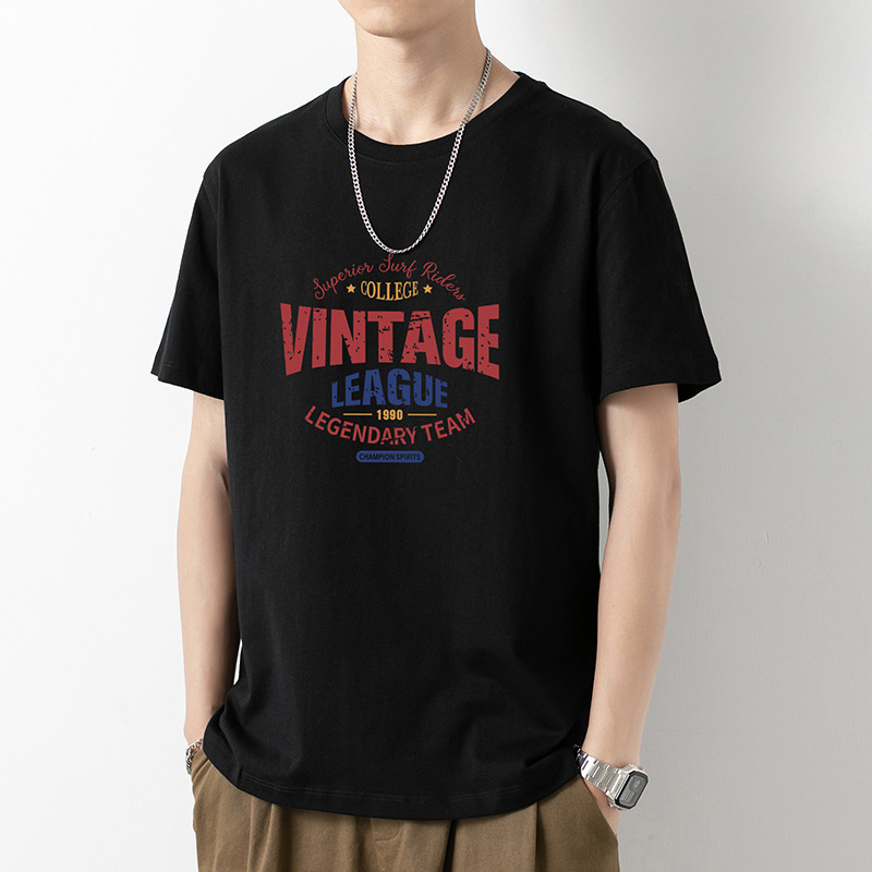 纯棉短袖t恤男生黑色上衣服夏季潮流宽松圆领大码打底衫印花半袖
