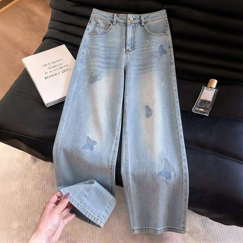 Heavy Embroidery and Rhinestone Wide-Leg Jeans for Women, Summer Thin Style, 2026 New Model, Drapey and Loose, Very Stylish Straight Pants Heavy Embroidery and Rhinestone Wide-Leg Jeans for Women, Summer Thin Style, 2026 New Model, Drapey and Loose, Very Stylish Straight Pants