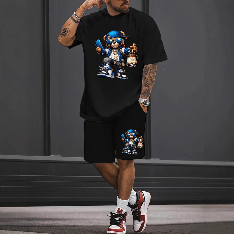 Cross-Border 2-Piece Set 3D Cartoon Rabbit Print Men's Short-Sleeved Suit T-Shirt Summer Casual Top Outdoor Street Sports