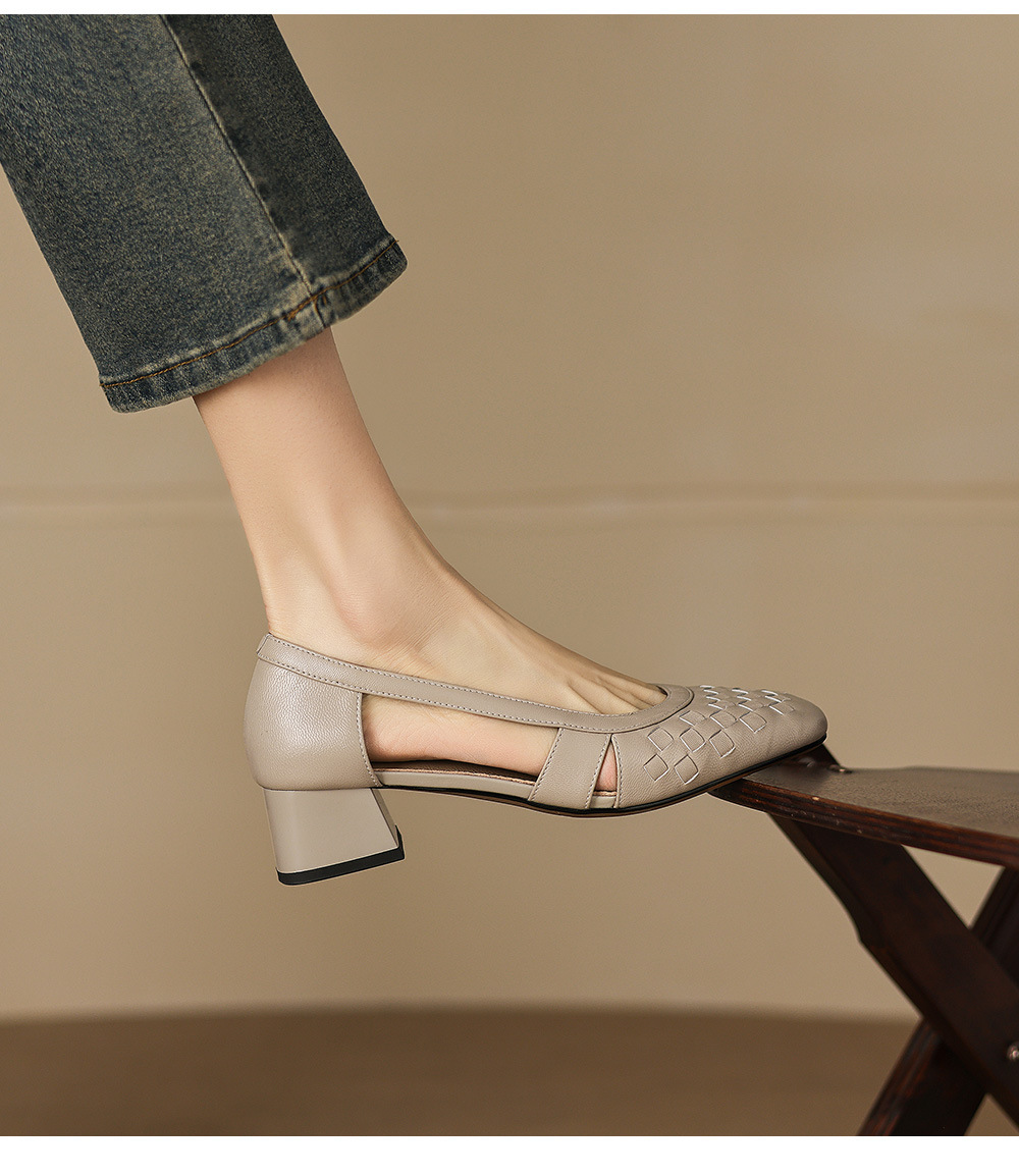 Giày sandal nữ mũi vuông gót thấp 3 cm, da cừu, hở mũi, phong cách thời trang — đen chi tiết 10