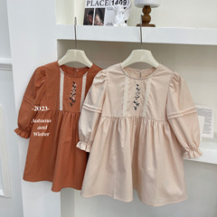 New 2023 Autumn Korean-style Girls' Long-sleeve Embroidered Dress for Girls, Plain Color, Soft and Loose Children's Dress, Dropshipping