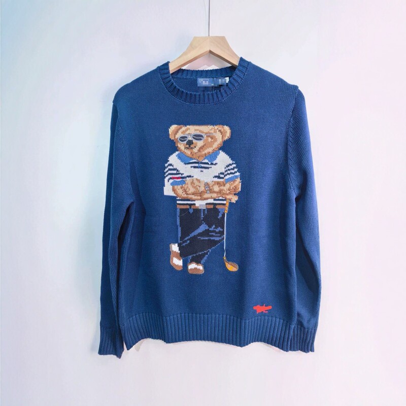 Cross-border QR code available RL autumn and winter new bear embroidered round neck sweater for women, heavy-duty knitted cartoon wool pullover Cross-border QR code available RL autumn and winter new bear embroidered round neck sweater for women, heavy-duty knitted cartoon wool pullover