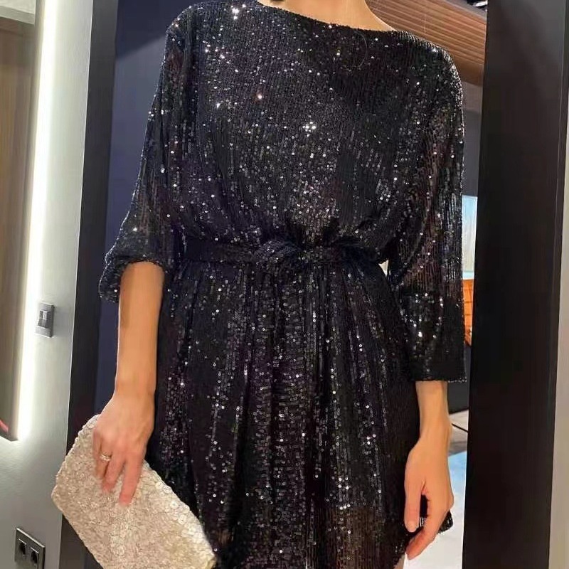 Sparkling Sequin Party Dress With Off-Shoulder Neckline And Flutter Sleeves, Elegant Midi Length Formal Gown_ecoleips.com